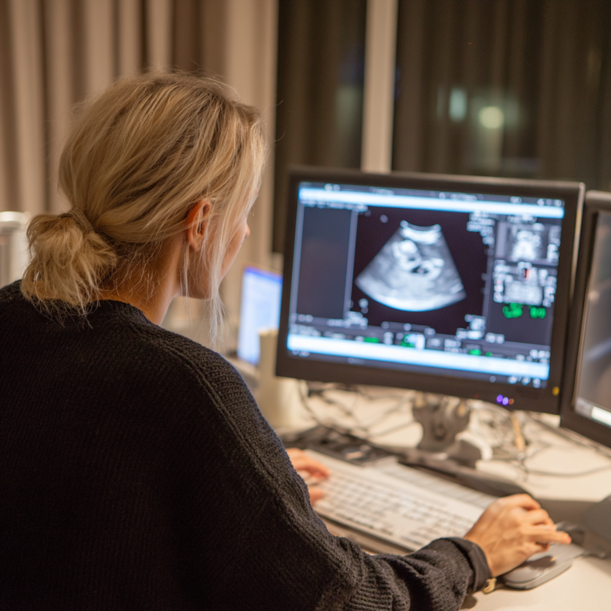 Położna opisująca badanie USG przy stanowisku diagnostycznym